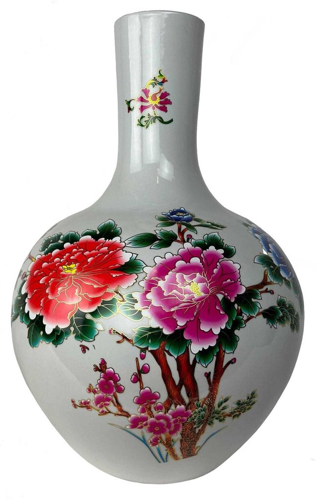 Fine Asianliving Chinesische Vase Weiß Pfingstrosen Handgefertigt D41xH57cm Dekorative Vase Blumenvase Orientalische Keramik Vase Dekoration Vase ...