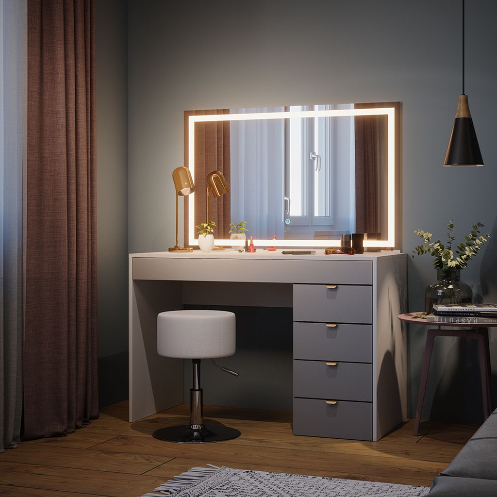 Schminktisch Vicco Elise Weiß/Grau/Grau 115 cm mit LED-Spiegel & Hocker, Model 41346