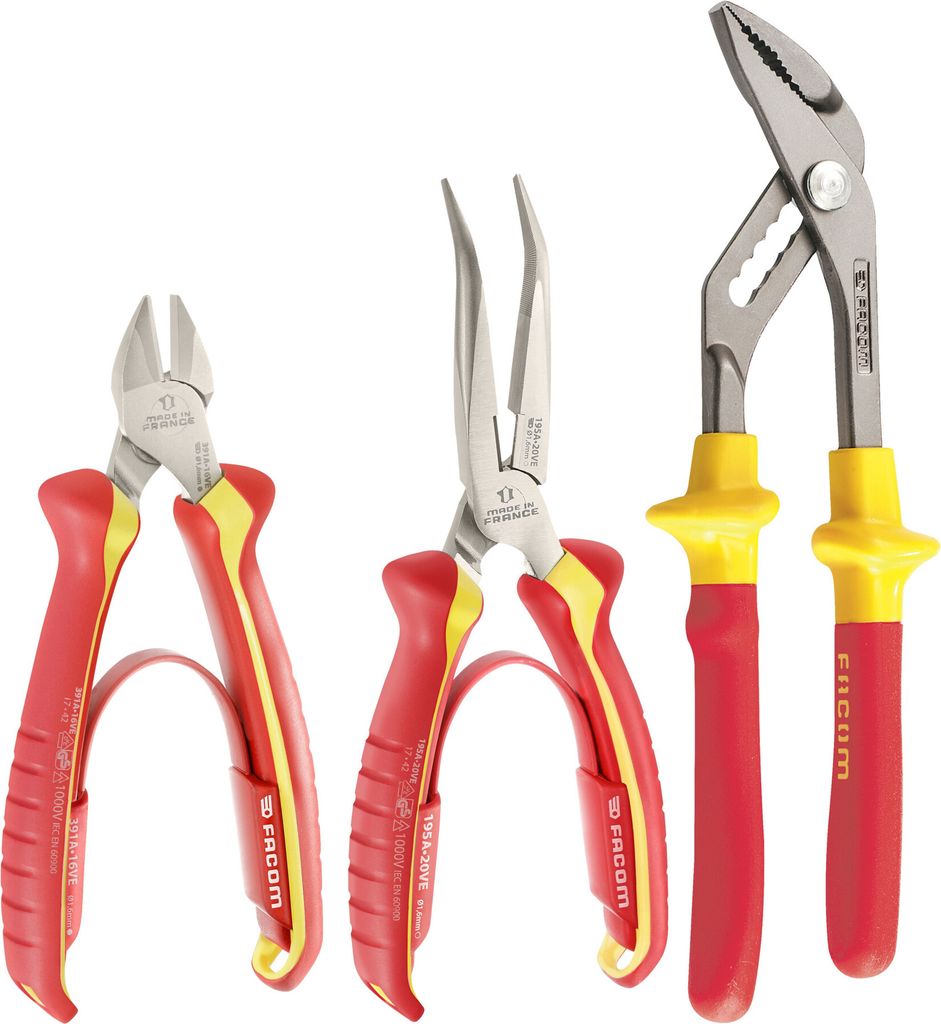 Facom Zangenset 1000 V isoliert, EN 60 900, mit verstellbarer Zange, Seitenschneider und Rundzange