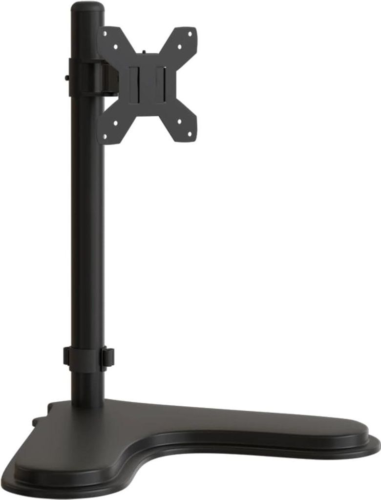 A black monitor stand with a VESA mount is shown against a white background.