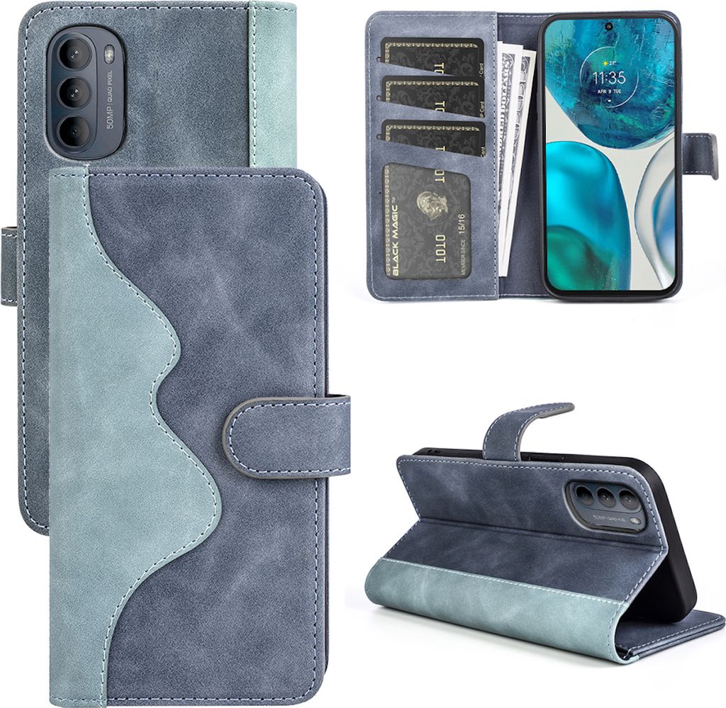 Für Motorola Moto G52 4G Design Handy Tasche Blau Etuis Kunst-Leder Hülle Cover