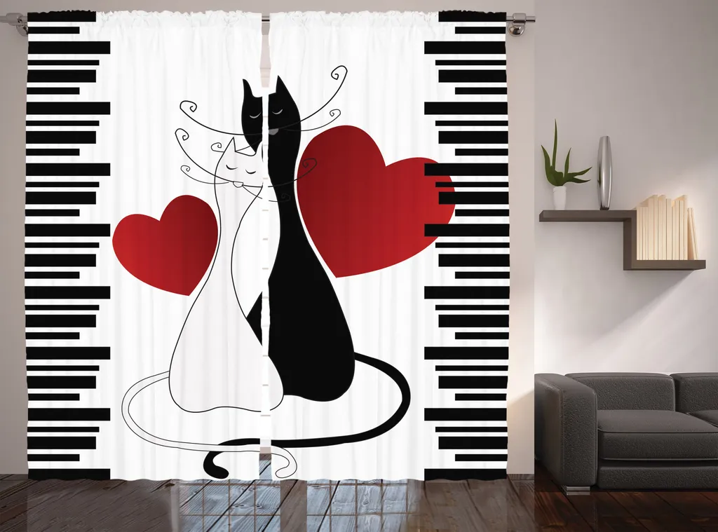 Grand Rideau Imprimé Chatons Blanc Noir Rouge avec Crochets et Boucles