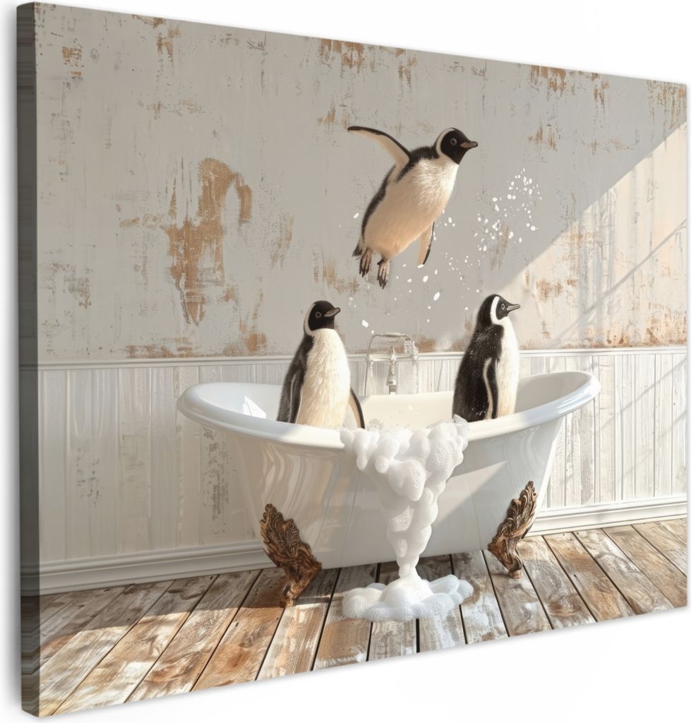 Wanddeko 70x50 cm - BadezimmerPinguine, Leinwand Bilder, Wandbilder, Gemälde