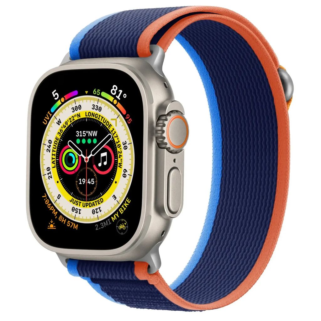 Cubenest Trail Tension Strap für Apple Watch blau-orange für die Größen 42/44/45/Ultra 49 mm.