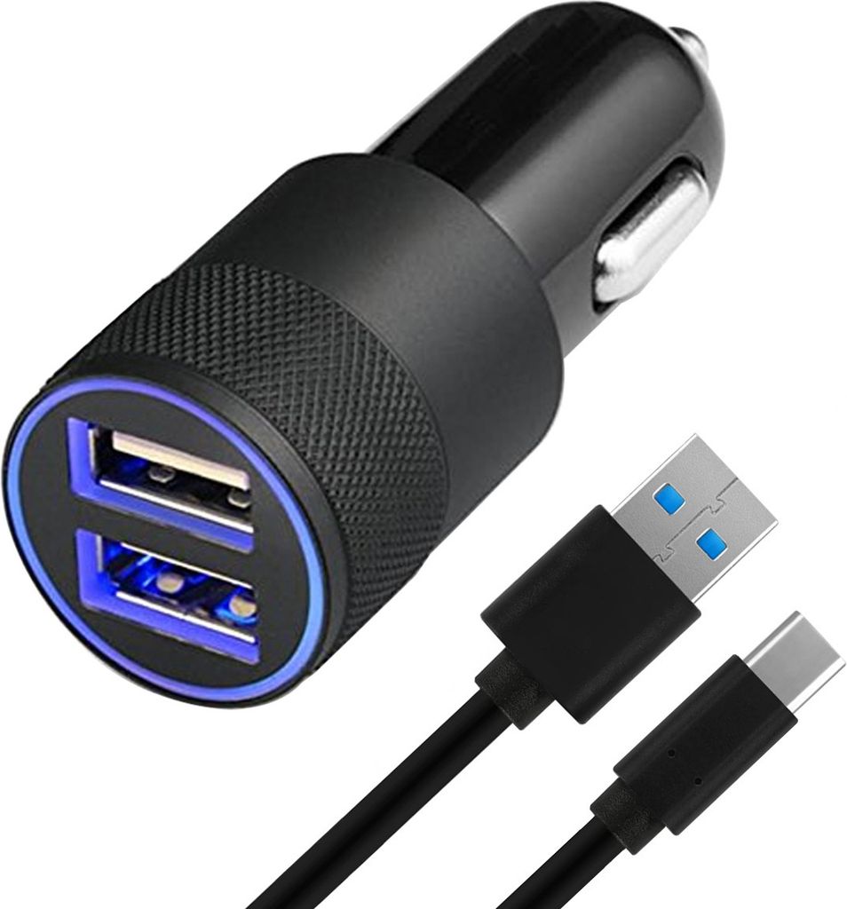 MMOBIEL High Speed KFZ-Ladegerät Zigarettenanzünder 2 USB Ports + USB-C Kabel (SCHWARZ)
