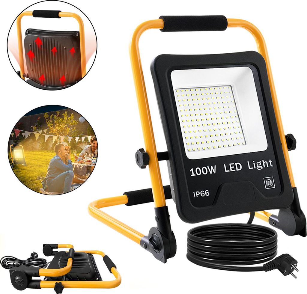 A collage showing a 100W LED work light from multiple angles, including a close-up of its heat dissipation, a lifestyle shot of it illuminating an outdoor gathering, and a folded view.