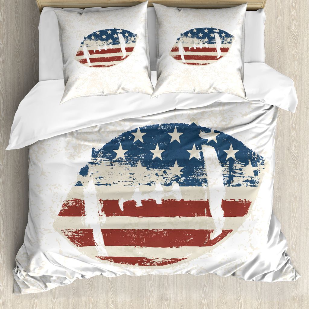 ABAKUHAUS Sport Bettbezug, American Flag Football, Milbensicher Allergiker geeignet mit Kissenbezügen, 155 cm x 220 cm - 80 x 80 cm, Creme, Blau, Rot