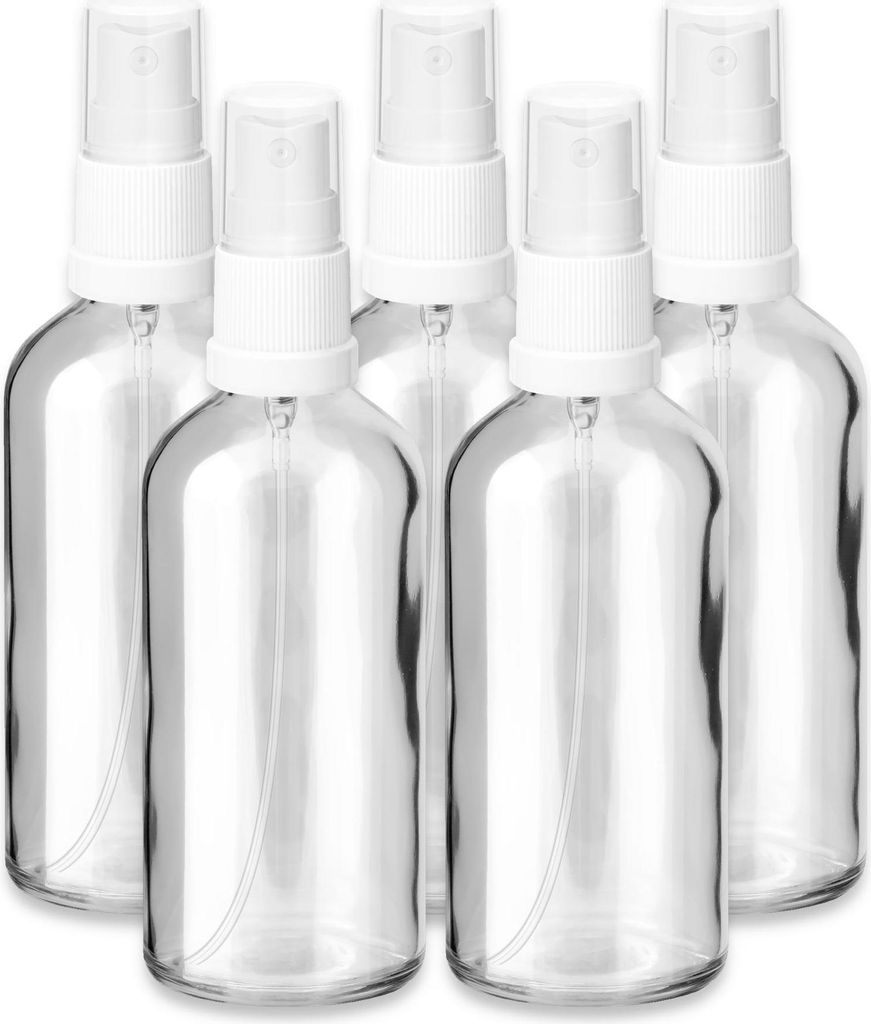 5x Glasflasche klar 100 ml mit weißem Zerstäuber Sprükopf Produktbild 