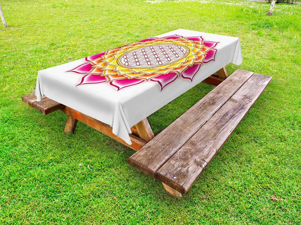 ABAKUHAUS Lotus Tischdecke Outdoor, Wasserpflanze Blume des Lebens Geometrie in der Natur Symmetrisch Etnisch, Hot Pink Orange Gelb, 145x265cm