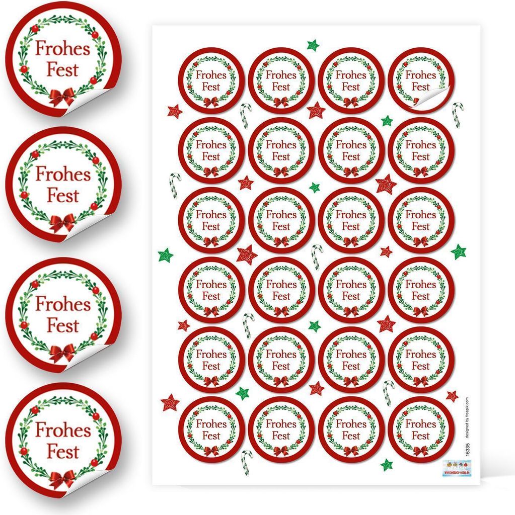 24 weihnachtliche Aufkleber rund ROT GRÜN weiß FROHES FEST Geschenkaufkleber Text 4 cm Verpackung Weihnachtsgeschenke24 Aufkleber / 1 Bogen