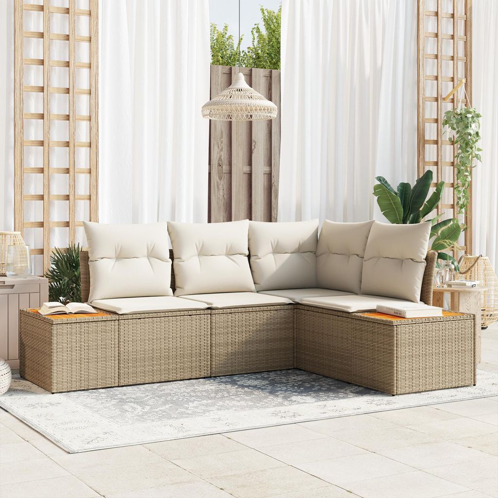 4-tlg. Garten-Sofagarnitur mit Kissen Beige Poly Rattan Akazie, Design Gartensofas Neu