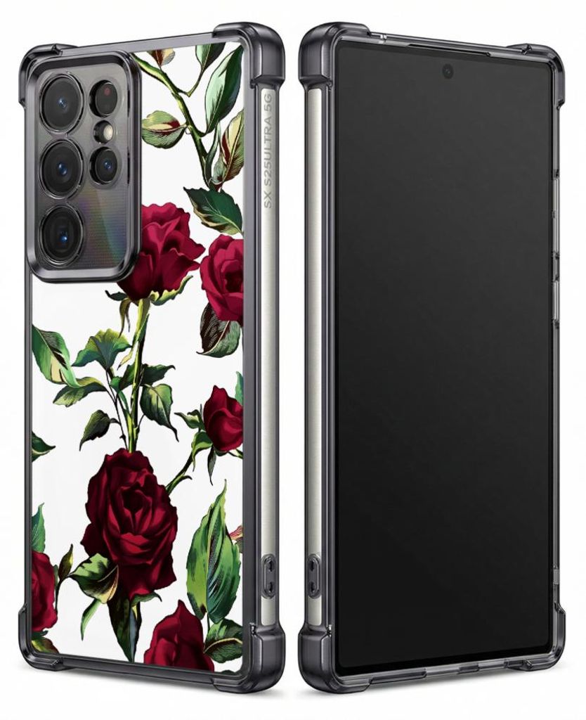 Personalisierte Hülle mit Bild für Samsung Galaxy S26 Elektroplattiert TPU Stoßdämpfer Handyhülle mit Rote Rosen und grüne Blätter