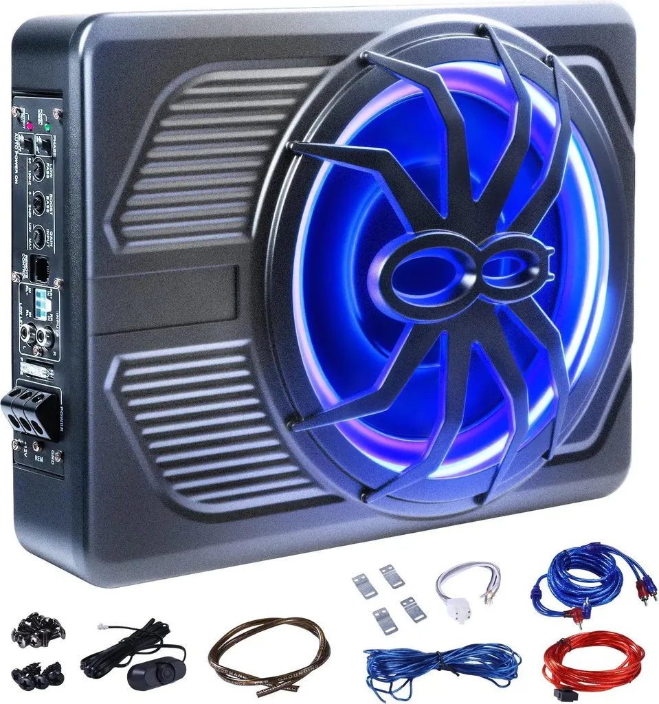 Subwoofer Voiture 800W Ultraplat 25,4cm avec LED Bleu et Ampli Interne