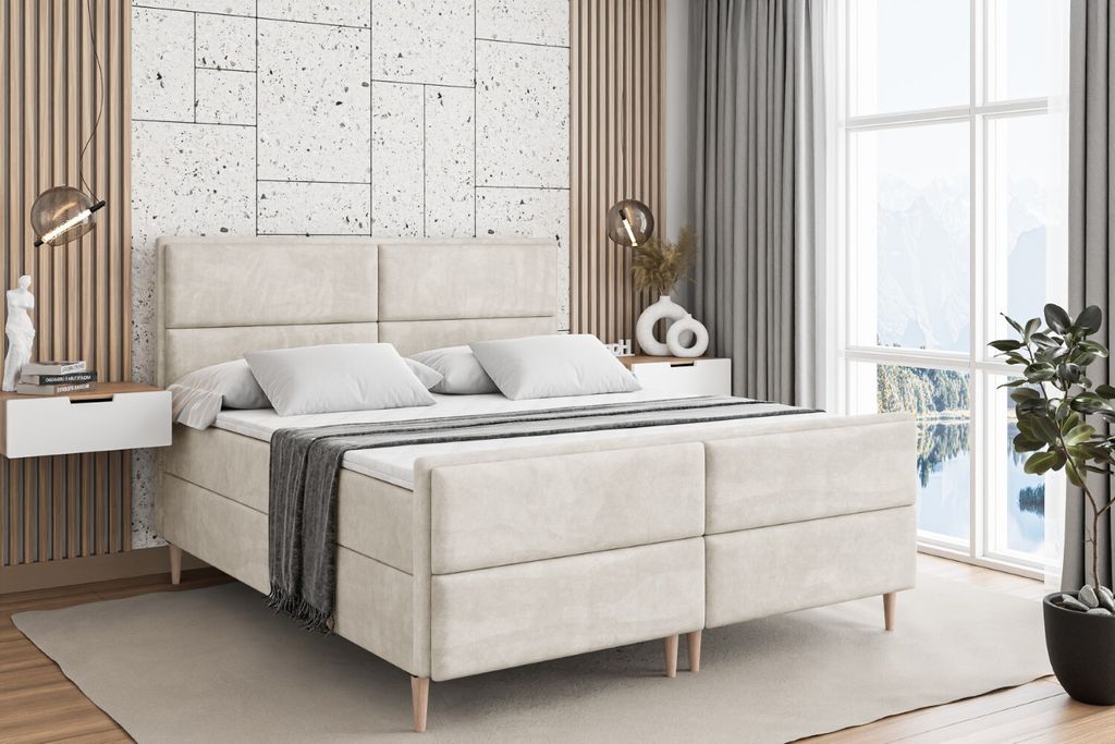 ALTDECOR Boxspringbett mit Holz Füßen, Matratze und Lattenrost, Topper, Fußteil, Polsterbett mit Bettkasten, Bett mit Stauraum H3-Matratze, Dopp...