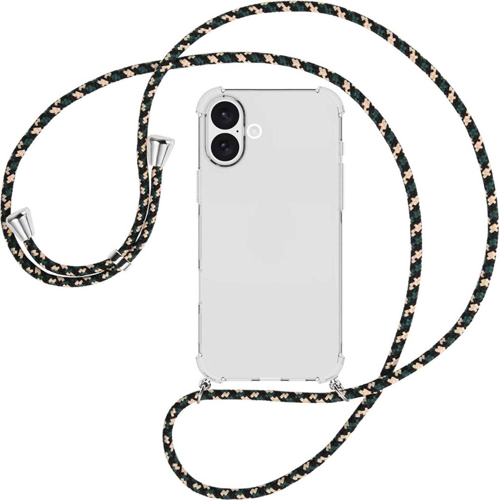 Handykette Backcover-Schutzhülle mit Band (Metall silberfarben) für iPhone 16 Plus - camouflage