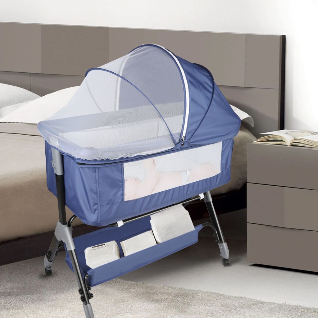 2 in1 Beistellbett Baby,Babybetten Reisebett Babybett Höhenverstellbar Babybett, neigbar, Kinderbett inkl. Matratze und Moskitonetz Dunkelblau