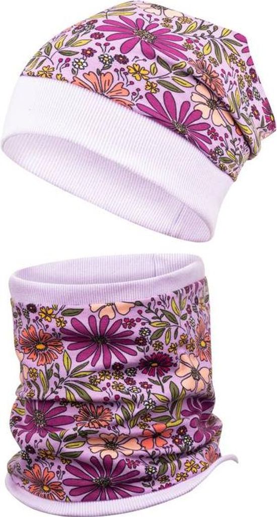 Kindermütze und Schal Jungen & Mädchen | Warme Herbstmütze mit Tier- & Blumenmotiv | Weiche Kinder Mütze mit breitem Bund, Flieder-Blumen, Gr. ...