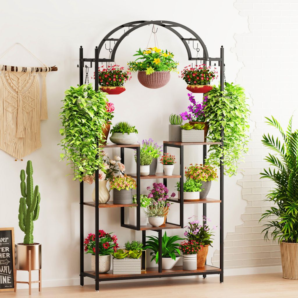 FATIVO Blumenständer 8 Ablagen & 16 Haken, 190 cm Pflanzenregal für Indoor, Balkon & Wohnzimmer, Blumenregal Bodenständer Blumentreppe