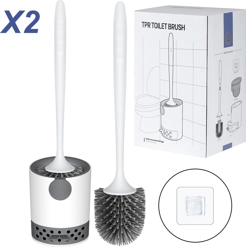 Klobürste Silikon 2 Stück, WC-Bürste mit Haltersatz für Badezimmer Gäste-WC, Wandmontage & Stehen Silikon Toilettenbürste (Weiß-Grau)