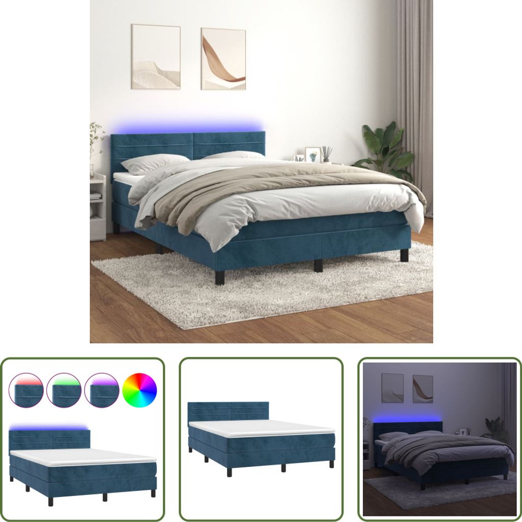 The Living Store Boxspringbett mit Matratze & LED Dunkelblau 140x200 cm Samt