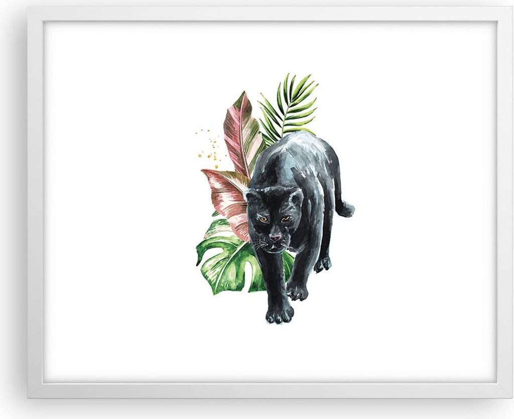 Gerahmtes Poster - Weißer Rahmen - Schwarz Panther Blätter - 50x40 cm - Wand Bild - Wanddeko - Wandbilder - Kunstposter - Wandposter - Bilderrahm...