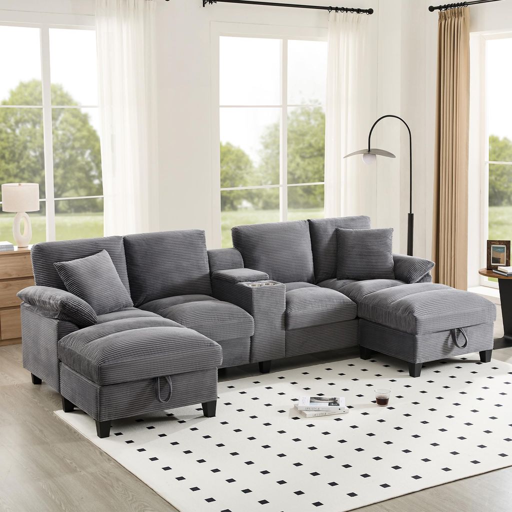 STILVORA Relaxsofa mit Stauraum, übergroßem Cordstoff und Kissen Ecksofa mit Getränkehaltern aus Edelstahl und zwei USB-Anschlüssen, geeignet 4...
