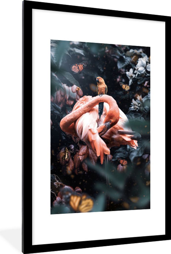 MuchoWow MuchoWow Gerahmtes Poster Flamingo - Schmetterling - Vogel - Dschungel 60x90 cm - Poster mit zchwarzem Bilderrahmen - Dekoration - Wan...