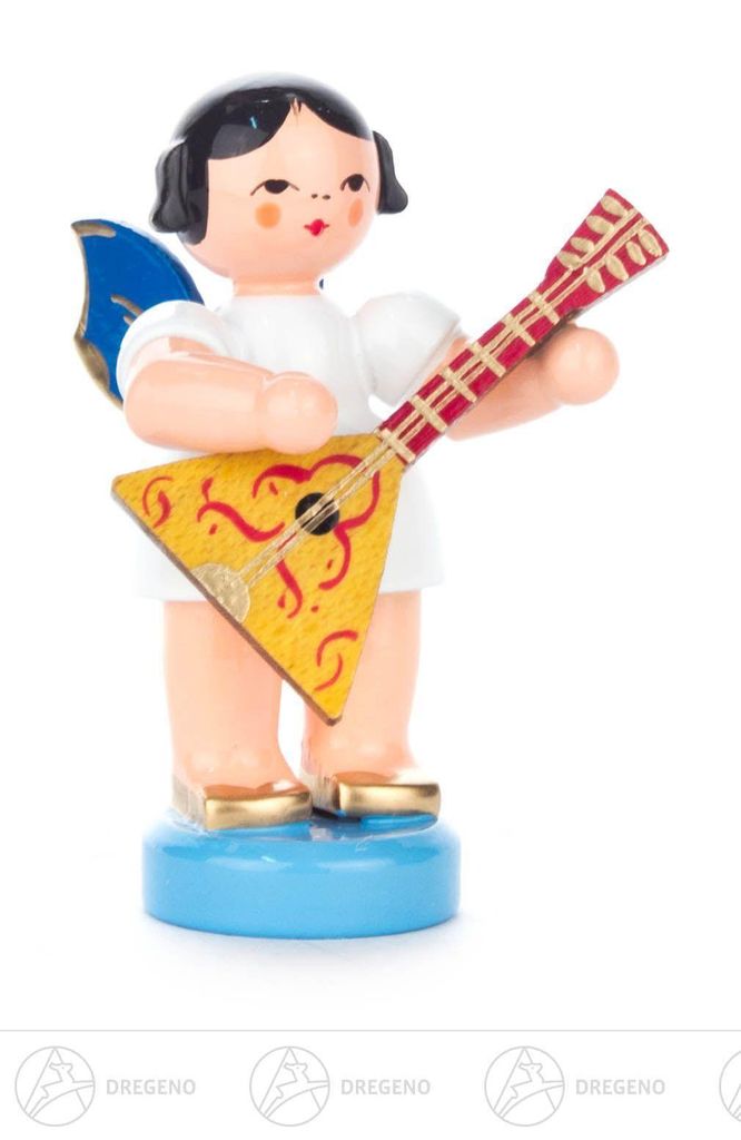 Engel mit Balalaika - Blaue Flügel - stehend (6cm) von Kunstgewerbe Uhlig
