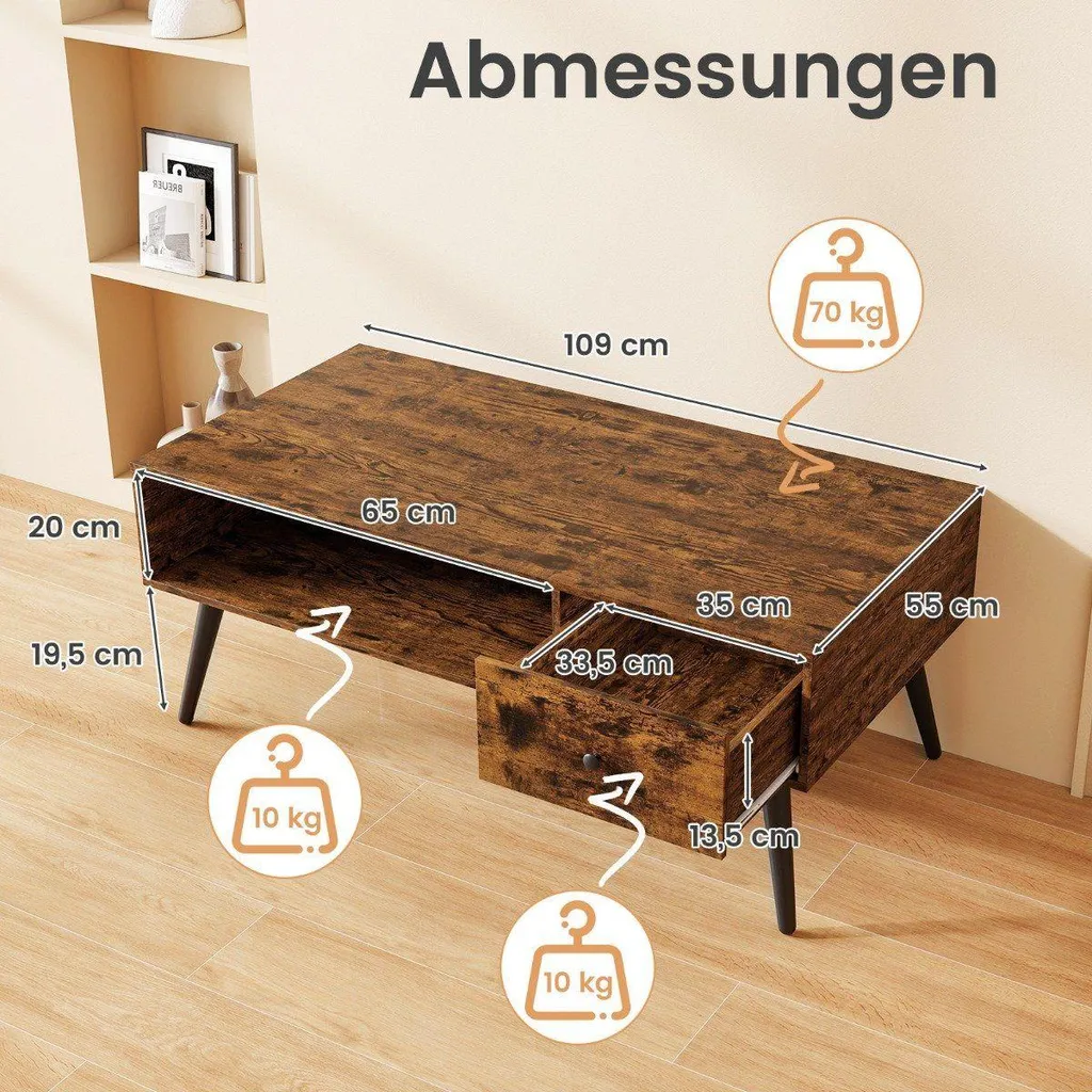 Grande table basse rectangulaire avec rangement ouvert et tiroir