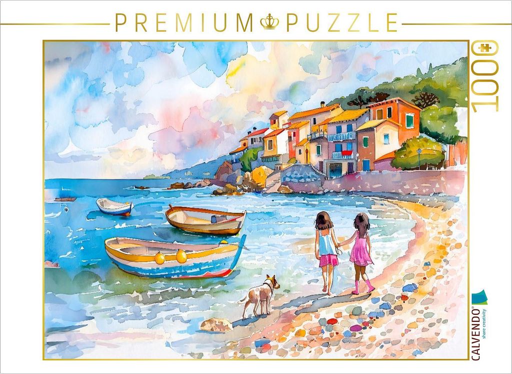 CALVENDO Puzzle Zwei Kinder mit Hund an mediterranem am Bootsstrand | 1000 Teile Lege-Größe 64x48cm Foto-Puzzle für glückliche Stunden