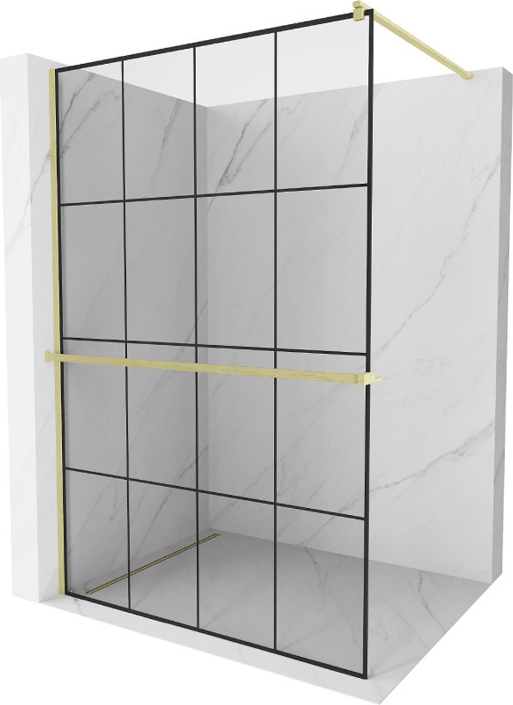 Mexen Kioto+ Duschwand mit Walk-in-Regal 140 x 200 cm, schwarzes Muster, gebürstetes Gold - 800-140-121-55-77