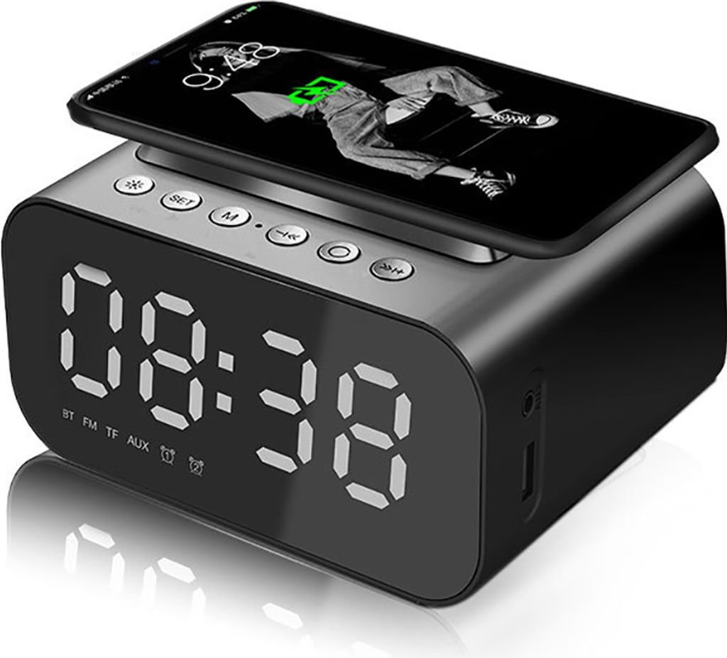 Digitaler Radiowecker mit USB-Ladegerät, Bluetooth-Lautsprecher, kabelloses Laden, Wecker Digitalwecker Ladestation mit dimmbarem LED-Display – ...