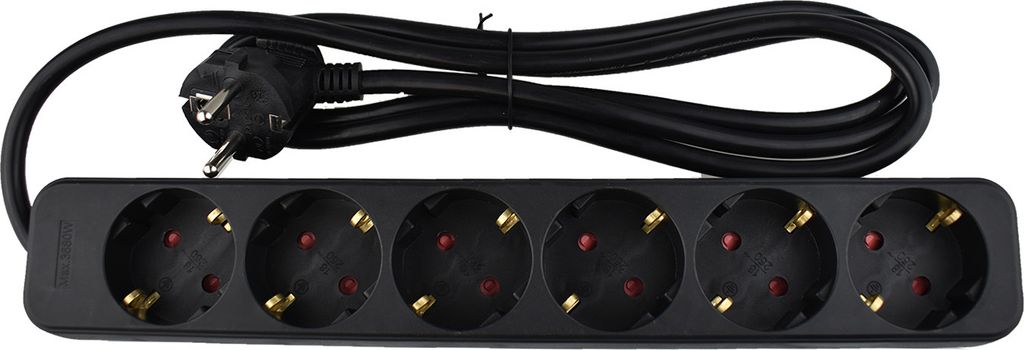 A black power strip with six outlets and a black power cord is laid out on a white background.
