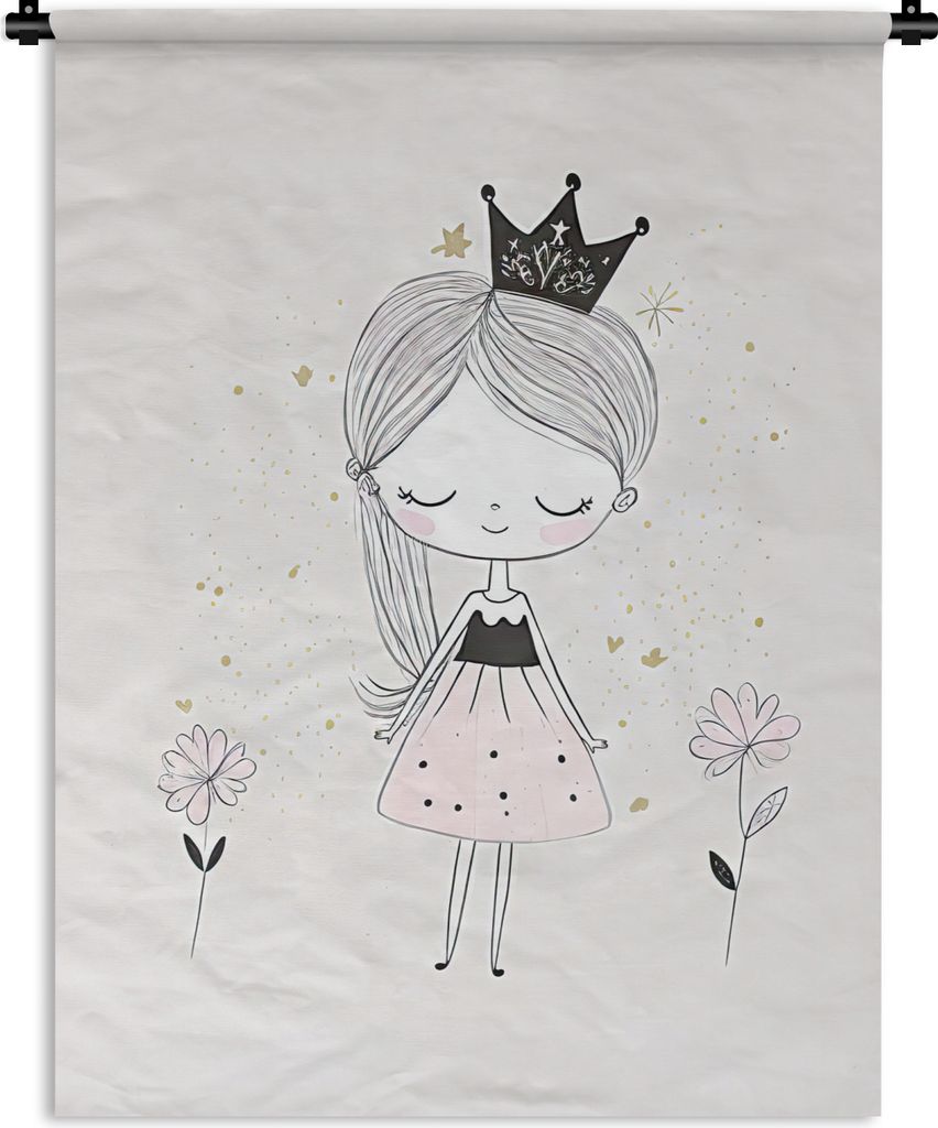 MuchoWow Wandteppich Wandbehang Prinzessin - Kleid - Krone - Blumen - Mädchen 150x200 cm Tapisserie Dekoration Wandtuch - Wandaufhängung - Mode...