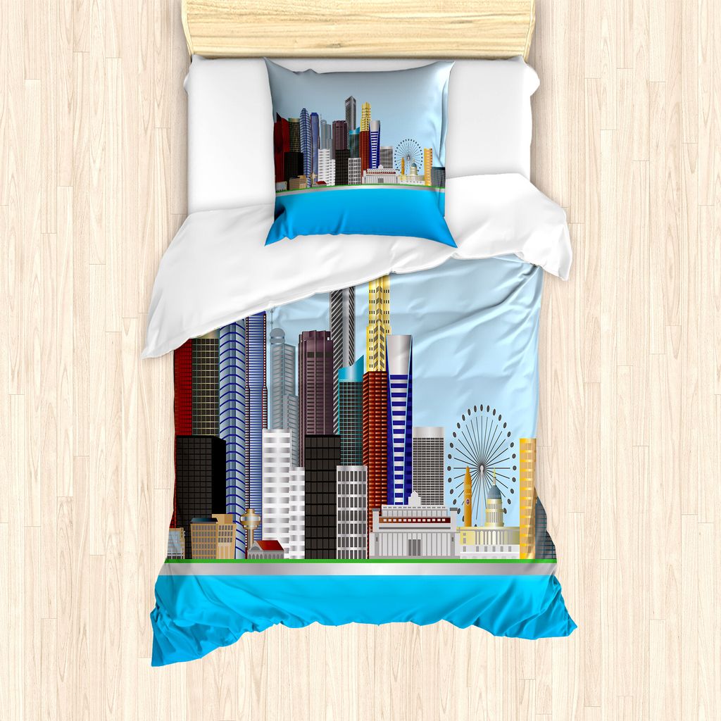 ABAKUHAUS Singapur Bettbezug Set für Einzelbetten, Städtische Gebäude und Fluss, Milbensicher Allergiker geeignet mit Kissenbezug, 135 cm x 200 ...
