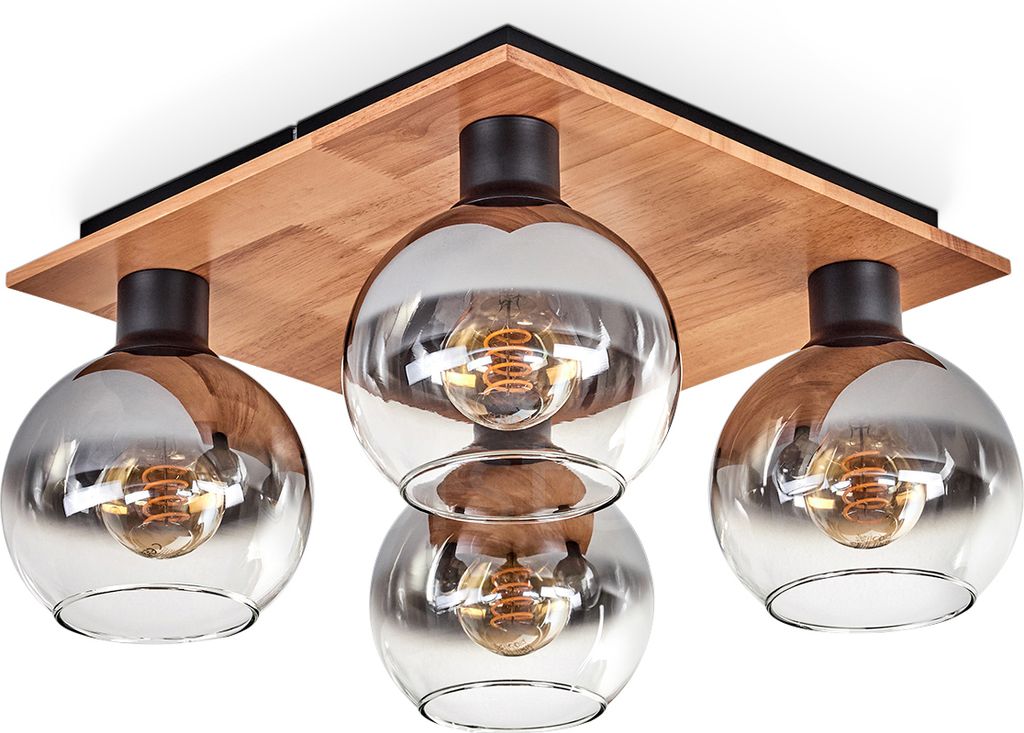 Cesaro Deckenlampe aus Metall/Holz/Glas in Schwarz/Natur/Chromfarben/Klar