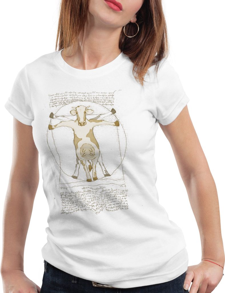 style3 Vitruvianische Kuh Damen T-Shirt rind bauernhof da vinci mensch, Farbe:Weiß, Größe:L