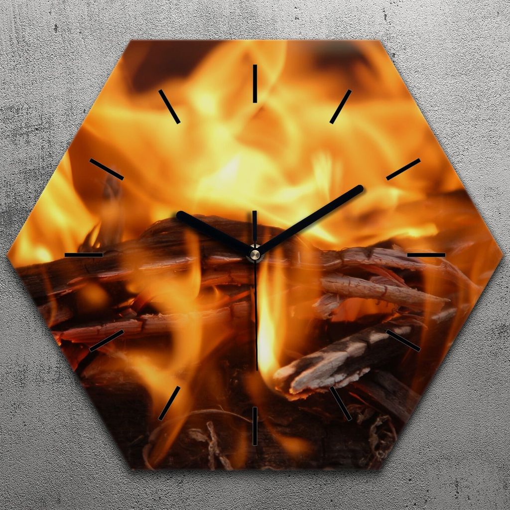 Uhr hexagonal 40 cm Glas Geräuschlos schwarze Zeiger - Grill Feuer Glut