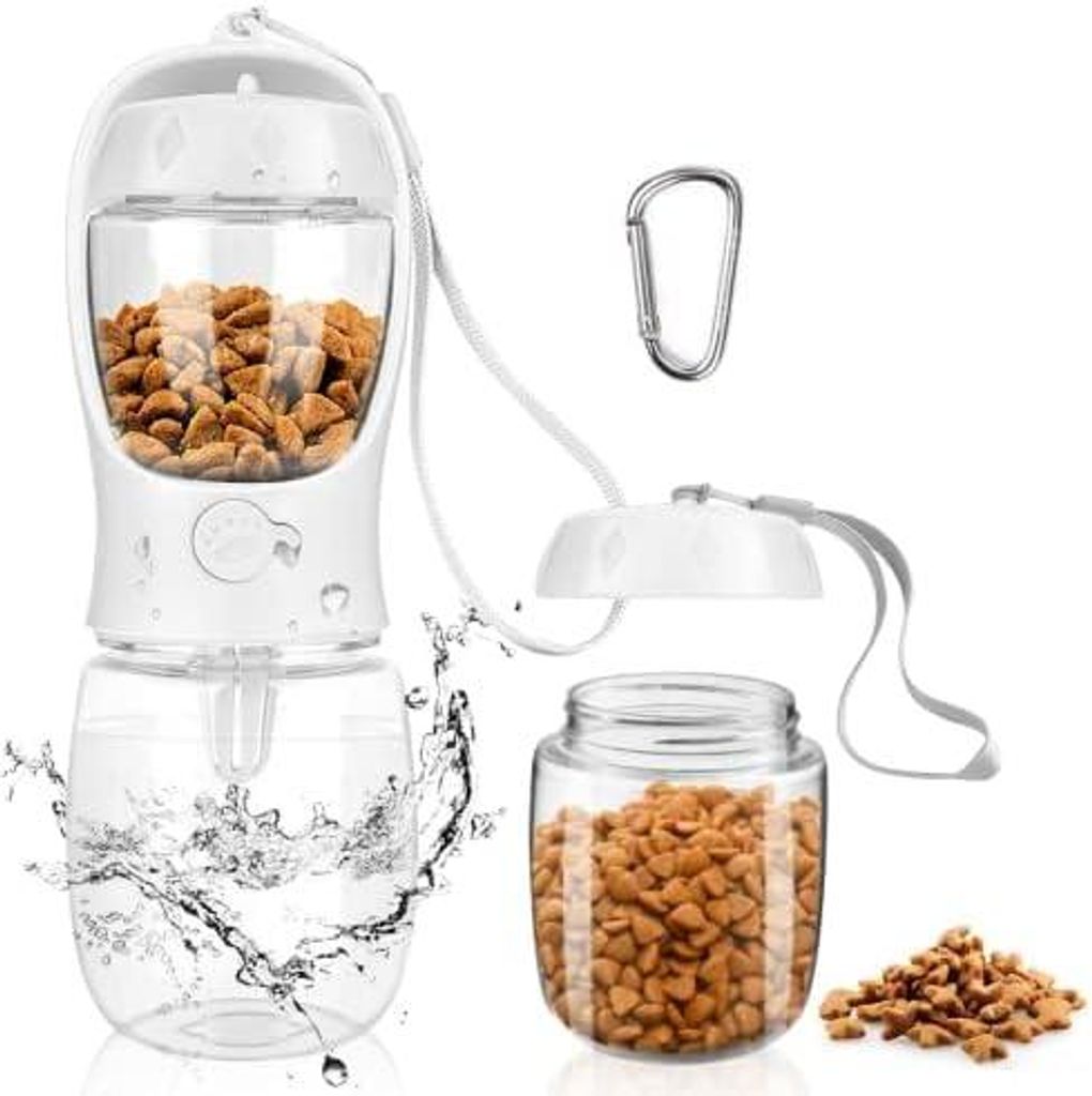 2-in-1 Hunde Trinkflasche mit Futterbox (350ml + 100g) - Hundetrinkflasche für Unterwegs, Auslaufsichere, Leicht zu Tragen mit Karabiner für Gro...
