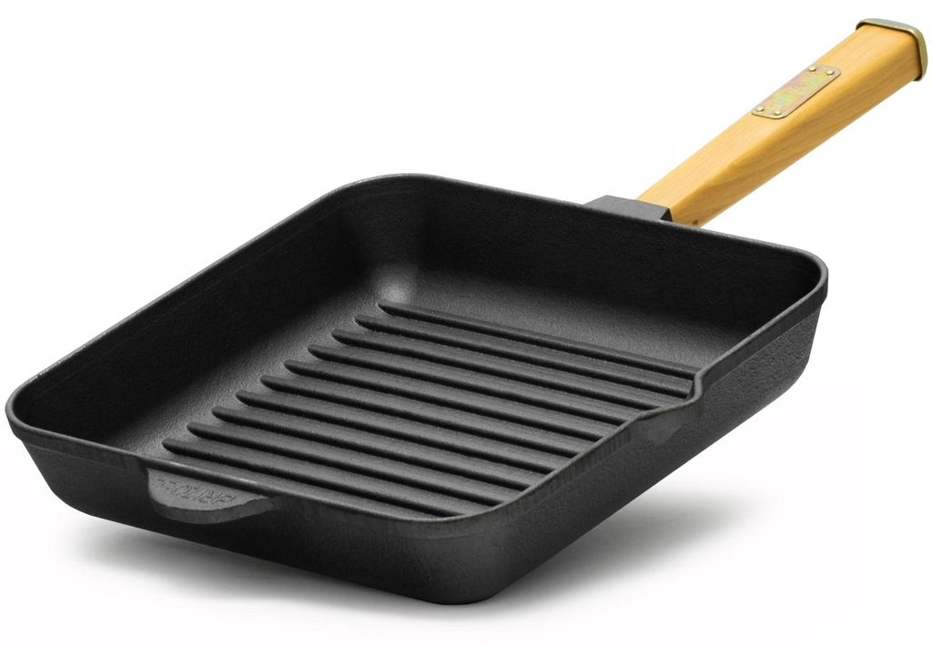 Grillpfanne 26 cm Gusseisen Holzgriff Bratpfanne Pfanne Feuerpfanne Induktion