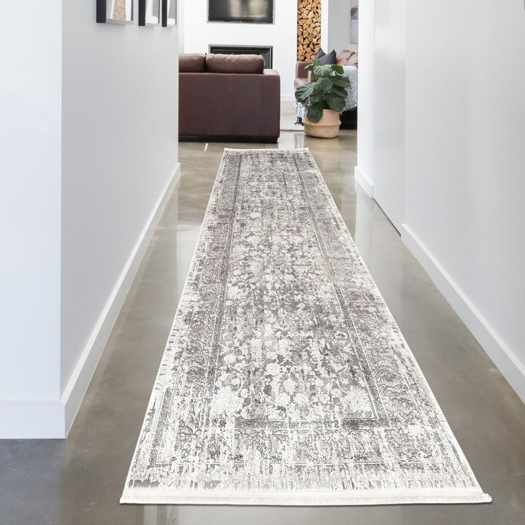 Vintage-Wollteppich orientalisch weich und pflegeleicht zeitlos elegant für Wohnzimmer & Schlafzimmer in Grau Größe - 80 x 300 cm