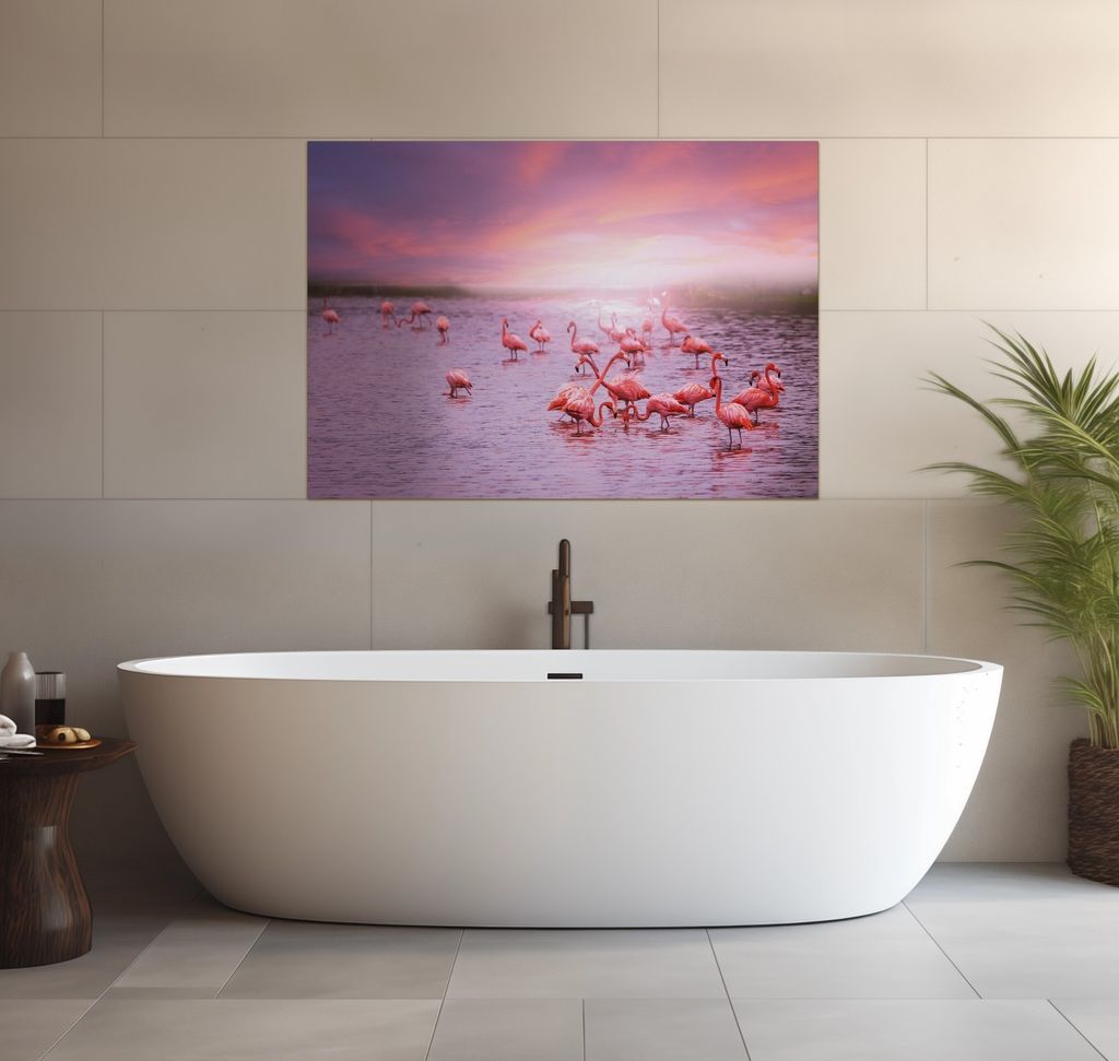 Wallario wasserfestes Poster selbstklebend 70 x 100 cm, Rosa Flamingos bei Sonnenuntergang, Badezimmerposter Spritzschutz mit Hochglanzoberfläche ...