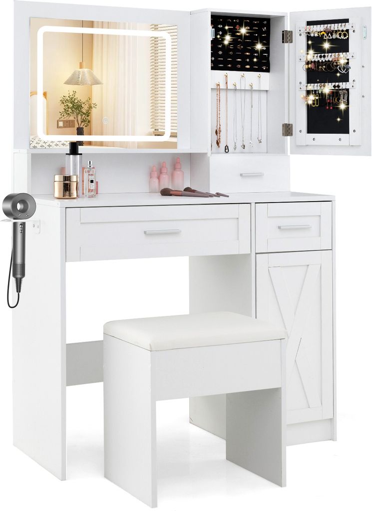 COSTWAY Schminktisch Frisiertisch mit Ladestation, LEDs, 3 Farben mit einstellbarer Helligkeit, Hocker, Spiegel, Schrank, Schubladen & Halterung weiß