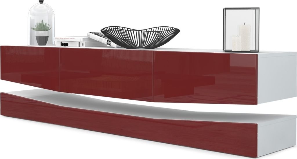 Vladon Lowboard City, Germany, TV-Kommode mit Sockelelement, 1 offenem Fach und 3 Schubkästen, Weiß matt/Bordeaux Hochglanz (178 x variabel x 39 cm)