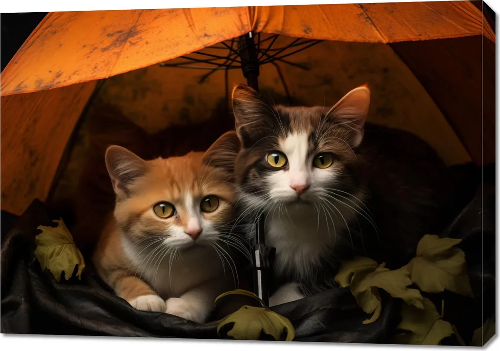 Décoration Murale Tableau Chats sous Parapluie 100x70 cm Toile d'Art