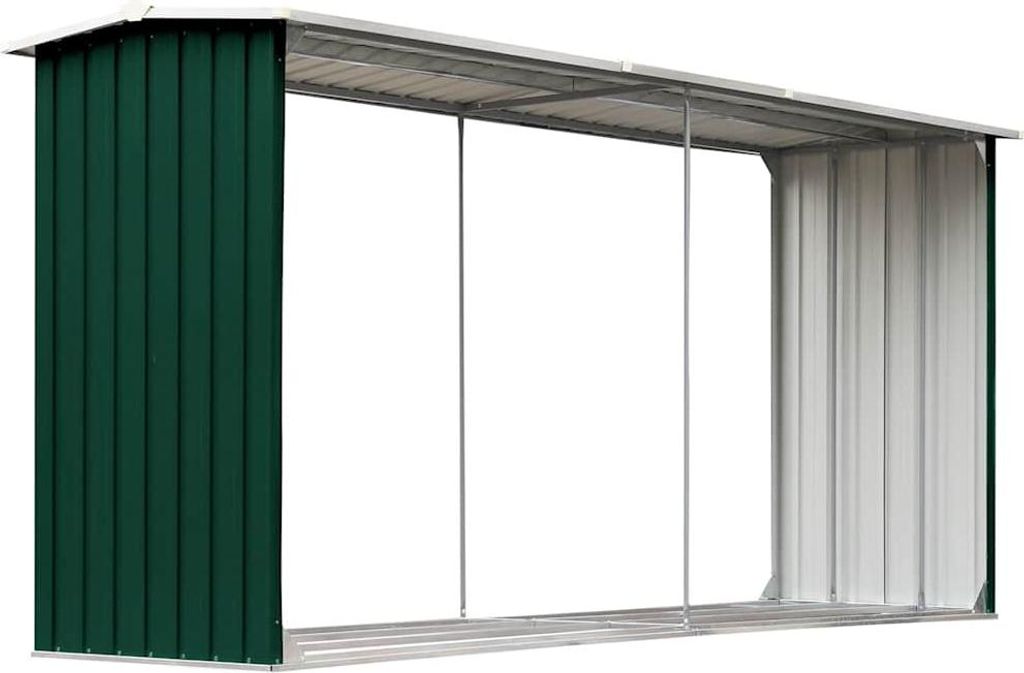A long, open-sided storage unit with a green panel on the left and a silver panel on the right, under a silver roof.