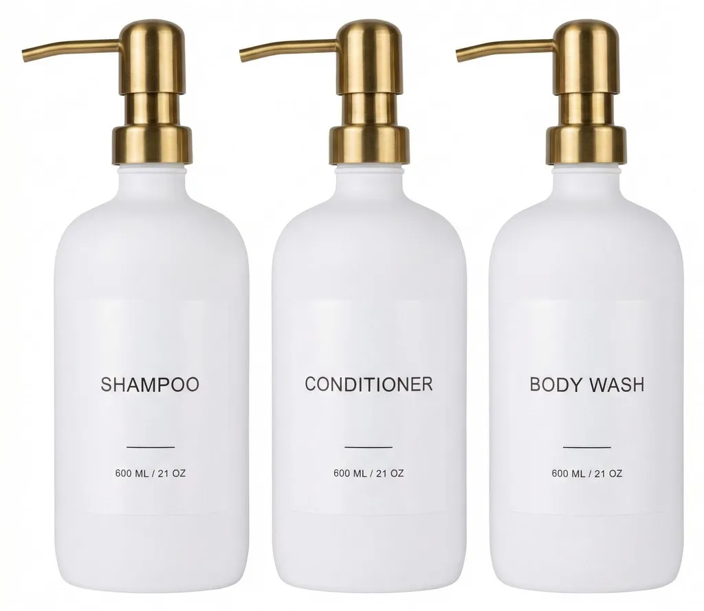 Set distributeurs salle de bain rechargeables 600ml pompes or blanc