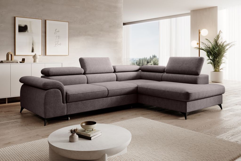 Moderne Ecksofa PLAZA L mit einstellbare Kopfstützen, Eckcouch in L-Form mit Schlaffunktion und Bettkasten Soffa, Bettsofa, Couchgarnitur - Hellgr...