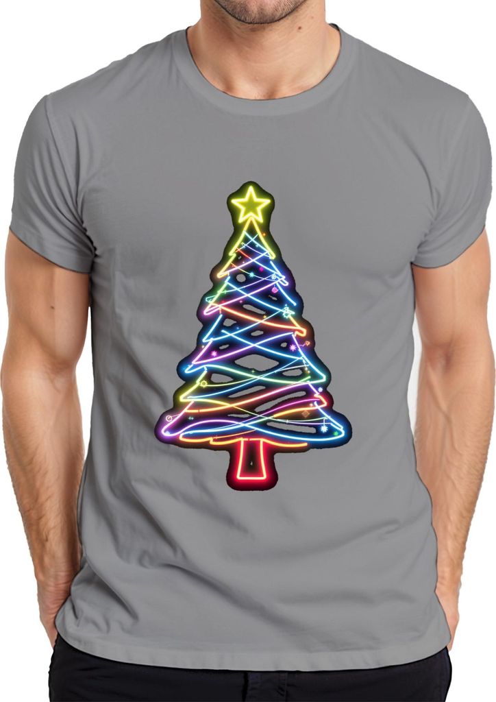 Neon Weihnachtsbaum Leuchtend Bunt Stern Neonlicht Weihnachten Herren T-Shirt, Grau, XL