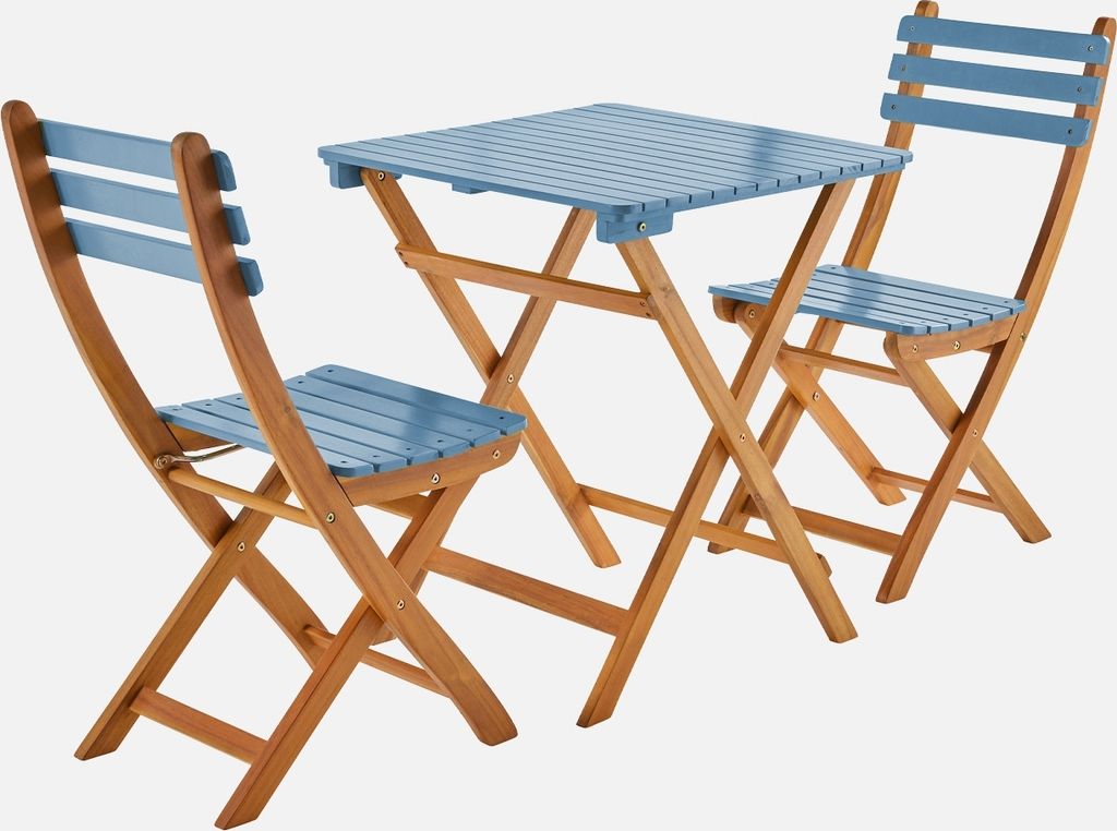 sweeek - Gartentisch aus Akazienholz, 2 Klappstühle - Blau Produktbild 